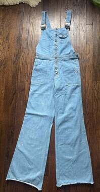 VINTAGE 70s Grapevines Denim Bell Bottom Bib Overalls with Button Front JUMPSUIT